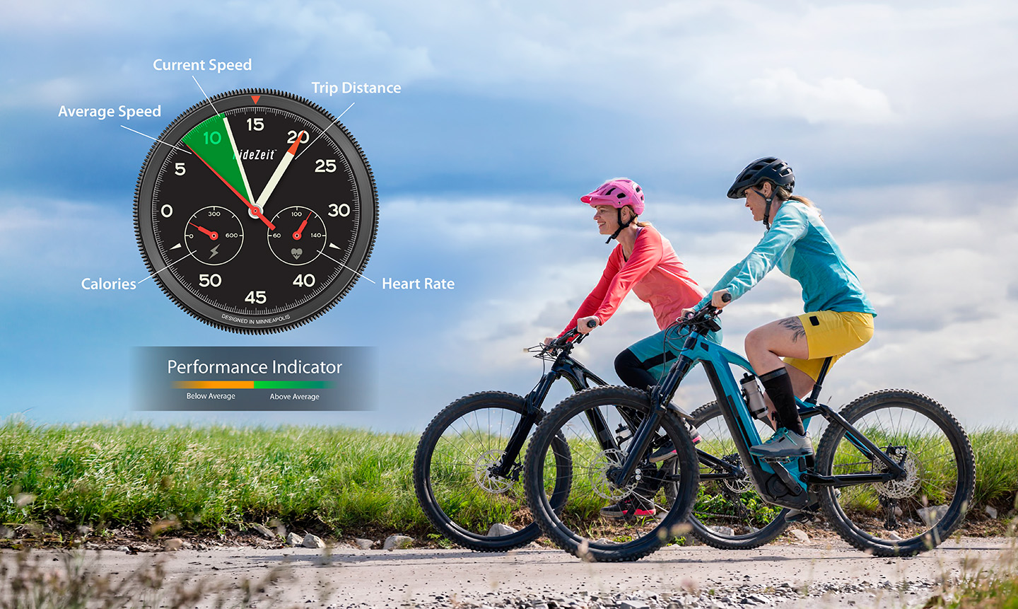 Home page header image showing closeup of RideZeit watch face with two bicyclists in the background riding along an open road.