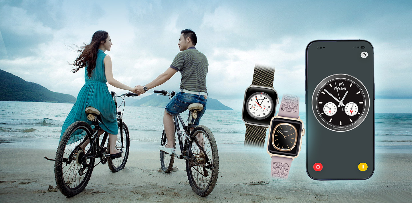 Photo montage showing two watches, iOS app and two cyclists against a land and sky background